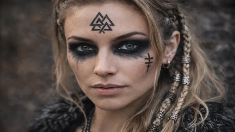 Maquillage viking femme avec smoky noir intense, symboles nordiques tracés sur le visage et tresses décorées de perles pour un look guerrière nordique