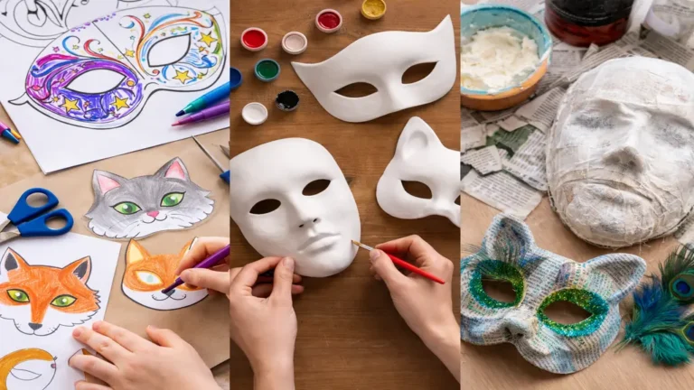 Fabrication de masque de carnaval DIY avec modèles à imprimer, masques blancs à décorer et techniques papier mâché et plâtre.