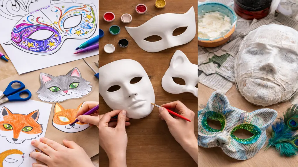 Fabrication de masque de carnaval DIY avec modèles à imprimer, masques blancs à décorer et techniques papier mâché et plâtre.