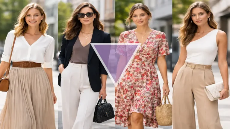 Morphologie en V femme avec épaules larges et hanches étroites, exemples de tenues équilibrant la silhouette par le volume en bas.