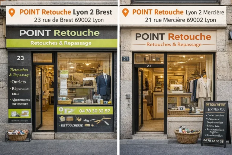 Façades des deux boutiques POINT Retouche Lyon 2, rue de Brest et rue Mercière, ateliers de retouche de vêtements dans le 2ᵉ arrondissement de Lyon