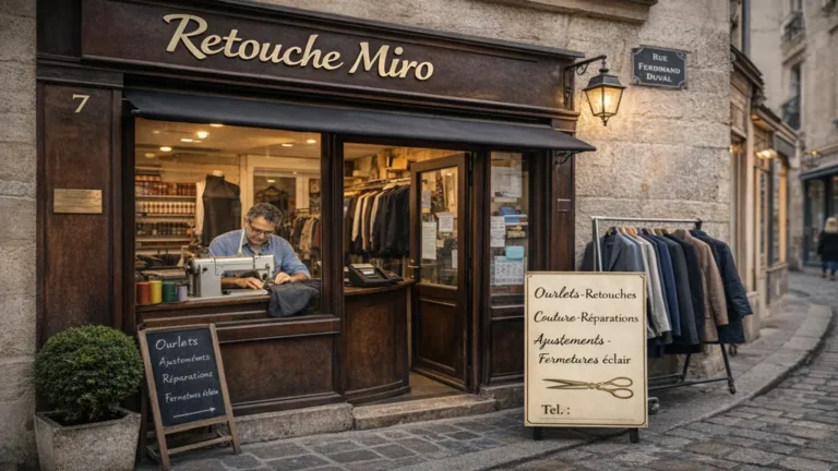Devanture de la retoucherie Retouche Miro située rue Ferdinand Duval dans le quartier du Marais à Paris 4, atelier de couture et retouches de vêtements