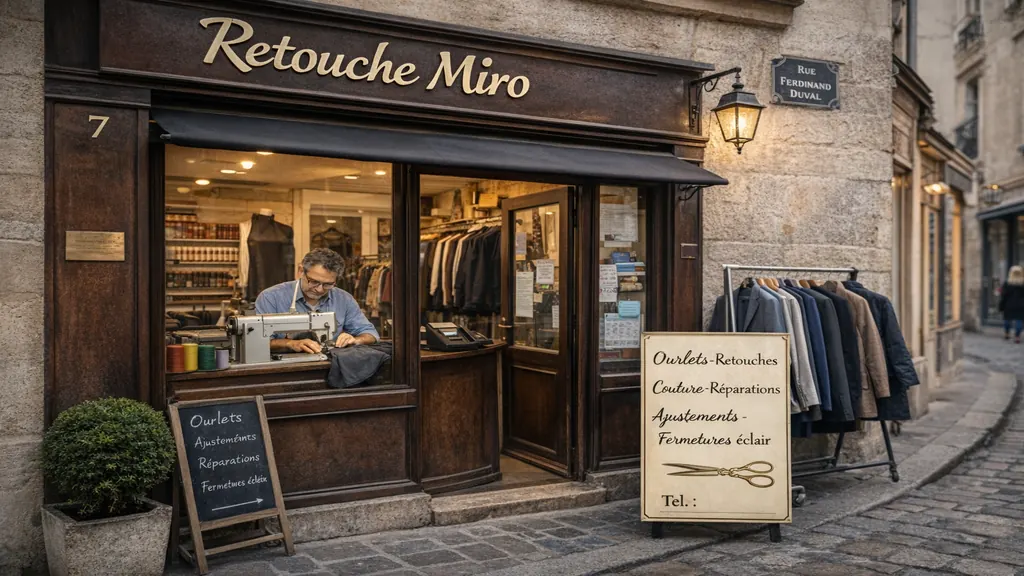 Devanture de la retoucherie Retouche Miro située rue Ferdinand Duval dans le quartier du Marais à Paris 4, atelier de couture et retouches de vêtements