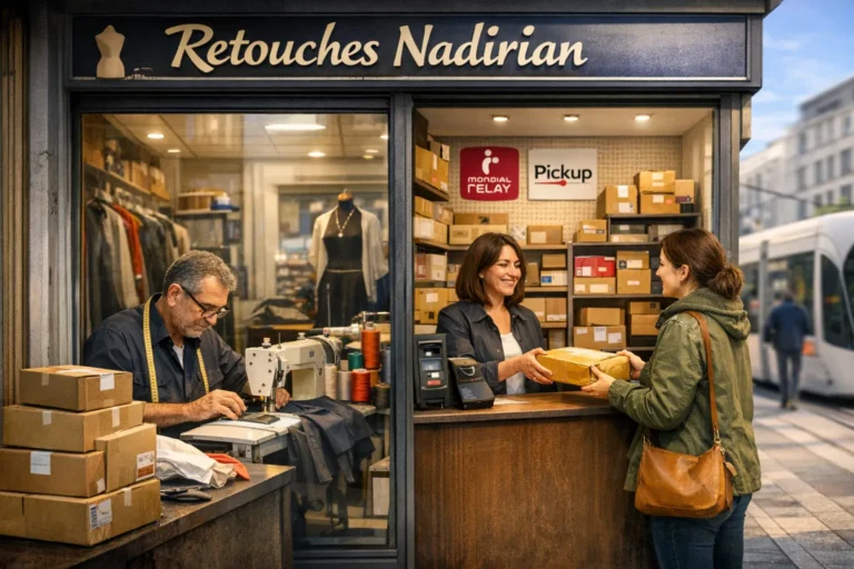 Atelier de retouches et point relais colis à Lyon, couturier travaillant sur une machine à coudre pendant qu’une cliente dépose un paquet au comptoir