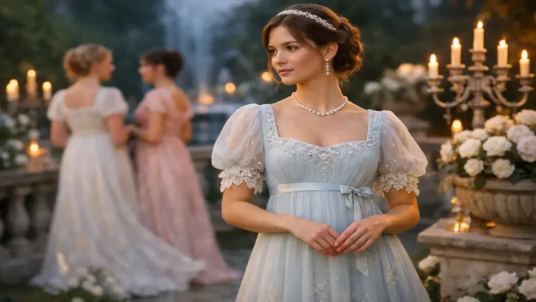 Robe style Bridgerton à coupe empire inspirée de l’époque Régence, avec encolure carrée, manches bouffantes et tissu fluide dans une ambiance romantique.