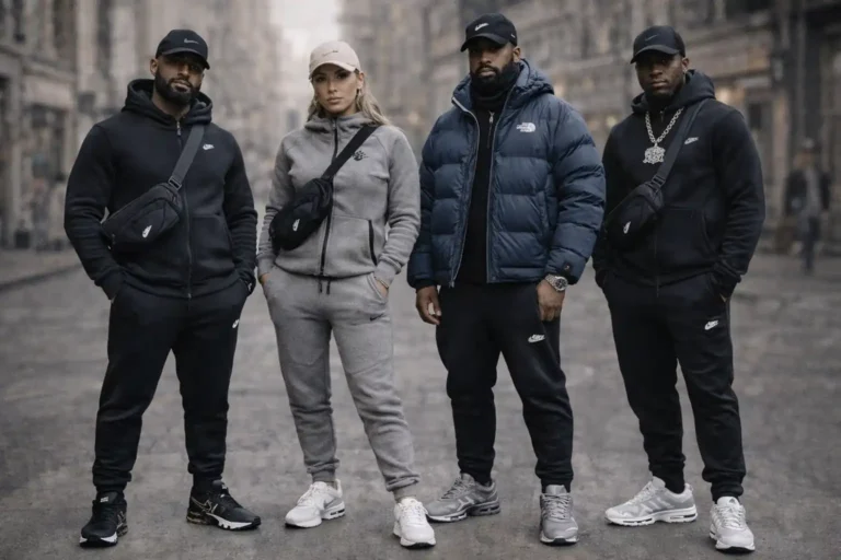 Tenue streetwear style 92i avec survêtements Nike Tech Fleece, doudoune The North Face, baskets Air Max TN et accessoires urbains inspirés du rap français
