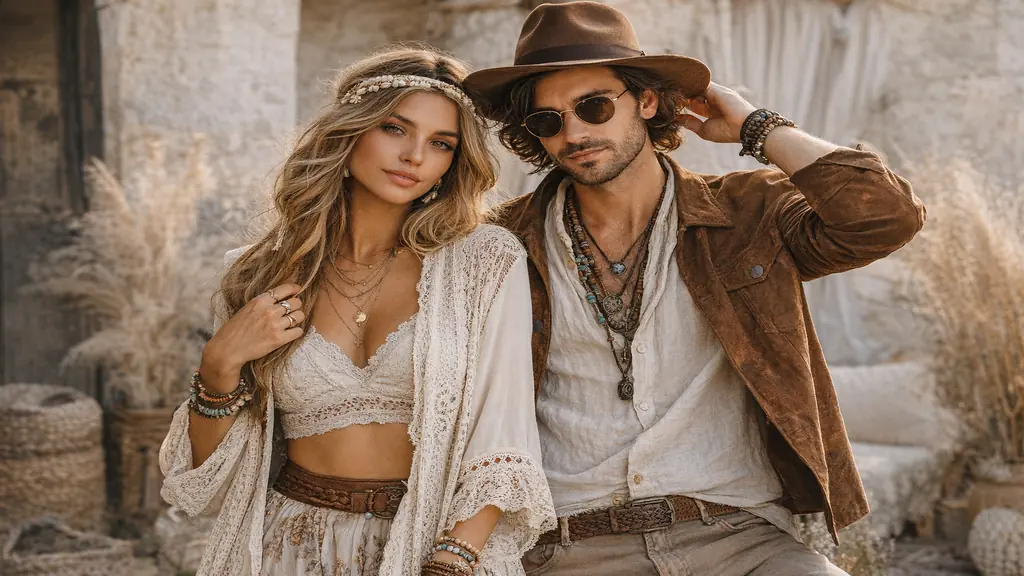 Couple adoptant un style bohème chic avec vêtements fluides, matières naturelles, accessoires ethniques et ambiance lumineuse en décor naturel