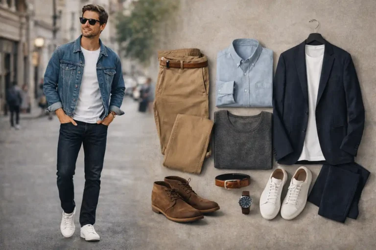 Tenue casual homme moderne avec jean foncé, t-shirt blanc, veste en jean et sneakers blanches illustrant un style décontracté et soigné