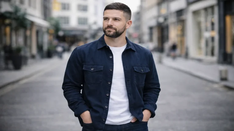 Homme portant une tenue casual moderne avec jean, t-shirt uni, veste légère et sneakers blanches, style décontracté et soigné en milieu urbain.