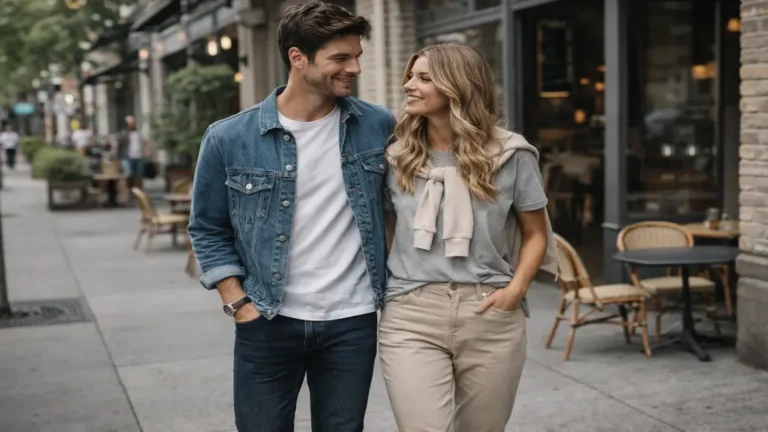 Couple en tenue casual wear moderne marchant en ville, jean, t-shirt uni, veste en denim et vêtements confortables pour un style décontracté du quotidien