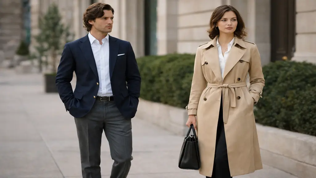 Style vestimentaire classique avec blazer bleu marine, chemise blanche et trench-coat beige, illustrant une élégance intemporelle et raffinée en milieu urbain.