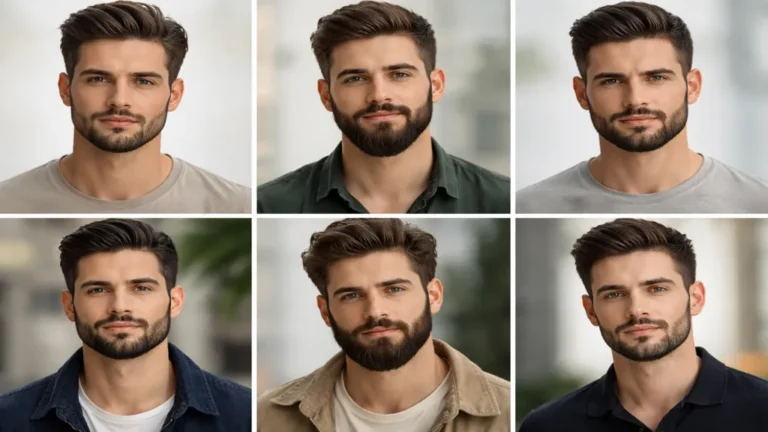 Hommes présentant différents styles de barbe masculine, allant de la barbe de trois jours à la barbe complète, illustrant les principales options de styles de barbe selon la morphologie du visage.