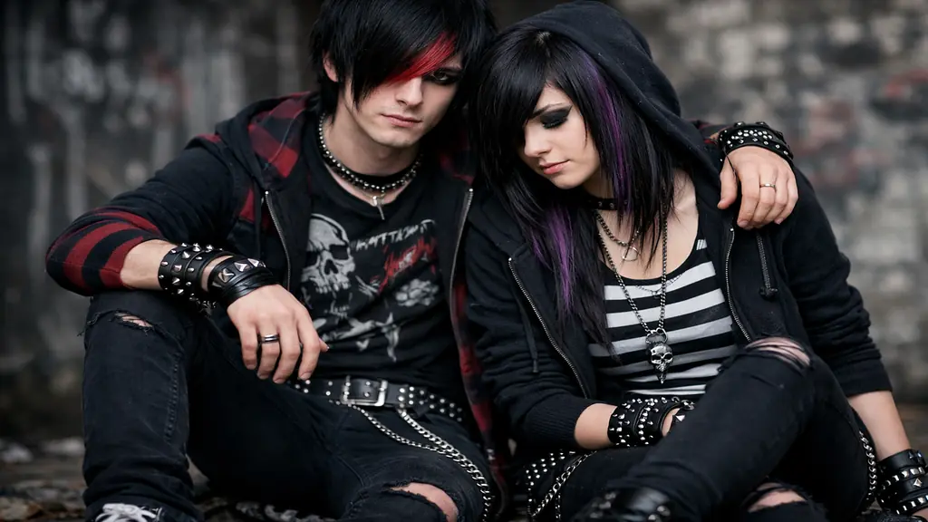 Couple au style emo moderne portant vêtements noirs, jeans slim, accessoires rock et coiffure à frange asymétrique dans un décor urbain sombre