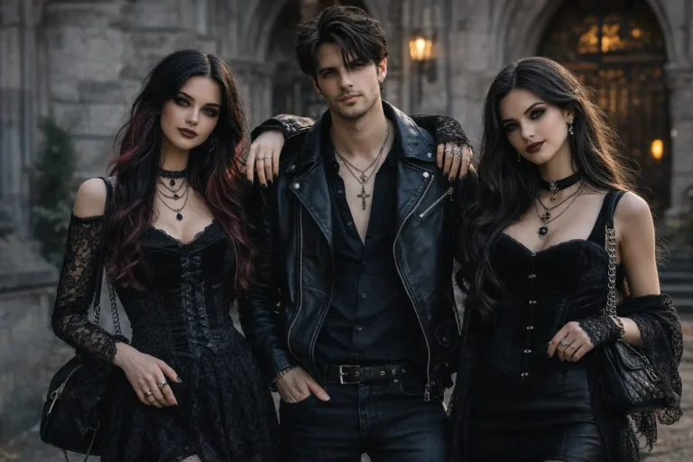 Tenue inspirée du style gothique avec vêtements noirs en dentelle et cuir, esthétique romantique sombre, accessoires argentés et maquillage goth élégant