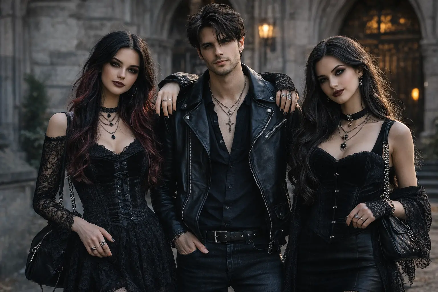 Tenue inspirée du style gothique avec vêtements noirs en dentelle et cuir, esthétique romantique sombre, accessoires argentés et maquillage goth élégant