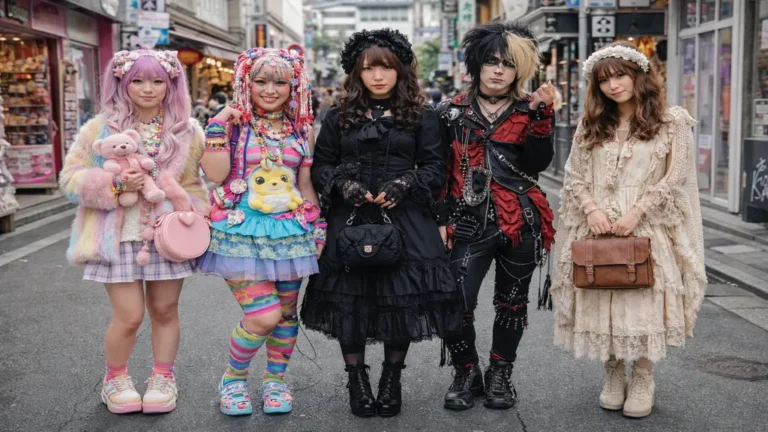 Groupe de jeunes portant différents styles Harajuku dans une rue de Tokyo, kawaii, decora, gothic lolita, visual kei et mori girl réunis dans la street fashion japonaise