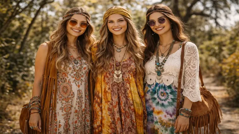 Femmes portant des tenues style hippie avec robes longues fluides, motifs ethniques, bandeaux et bijoux bohèmes en extérieur naturel lumineux