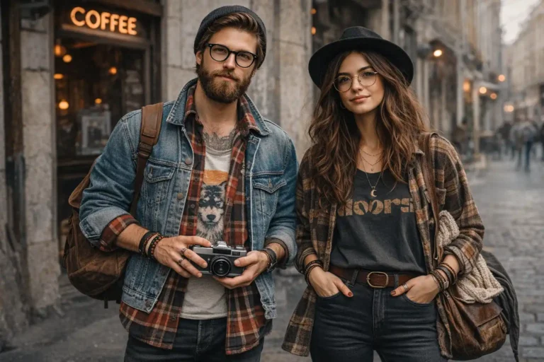 Couple adoptant un style hipster authentique avec vêtements vintage, chemises à carreaux, veste en jean, accessoires rétro et ambiance urbaine