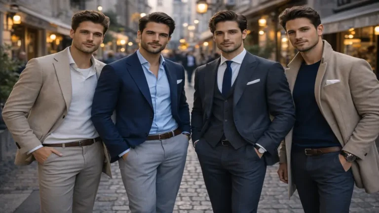 Hommes élégants portant des tenues classe modernes avec blazer, chemise et pantalon ajusté dans une rue européenne chic