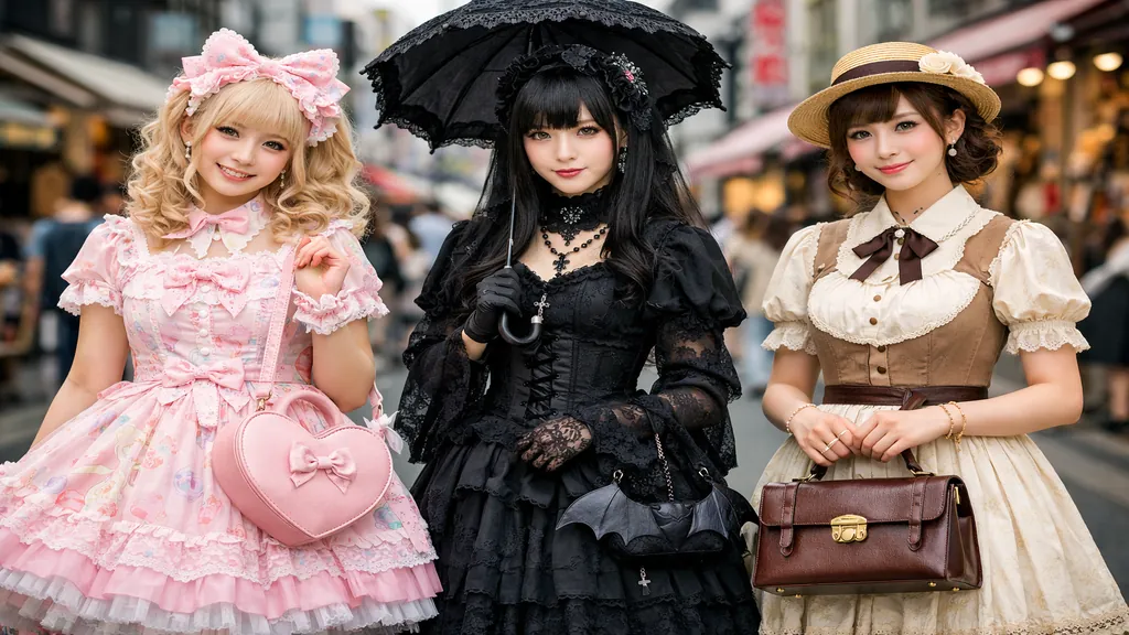 Trois femmes en tenues lolita japonaise sweet, gothic et classic dans une rue de Harajuku à Tokyo.