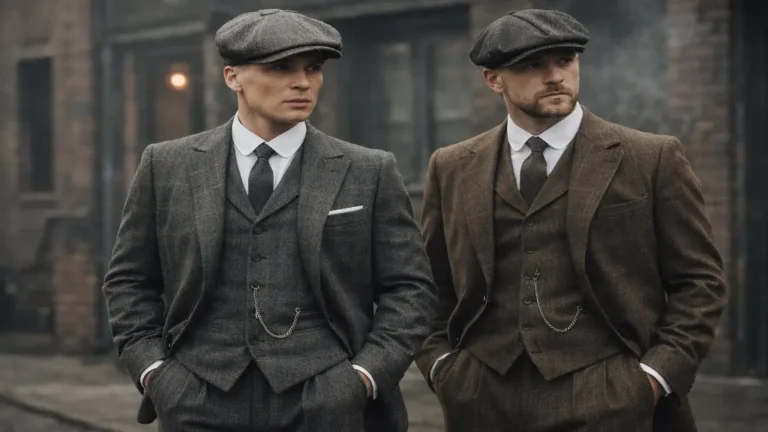 Style Peaky Blinders avec costume trois pièces en tweed, casquette plate gavroche et allure vintage inspirée des gangsters de Birmingham des années 1920.