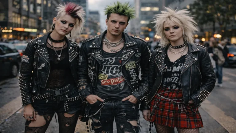 Groupe de punks portant vestes en cuir cloutées, vêtements déchirés, tartan et accessoires métalliques, illustrant le style punk rebelle et DIY dans un décor urbain.
