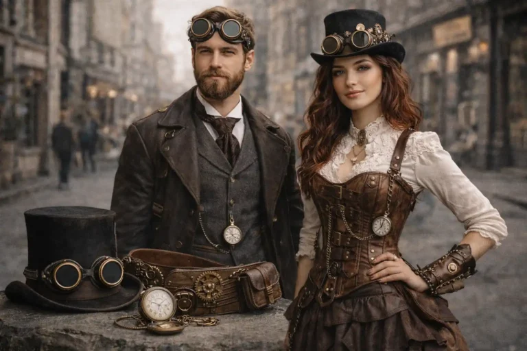 Couple adoptant un style steampunk avec vêtements victoriens, corset, gilet en tweed, goggles et accessoires mécaniques dans une ambiance rétrofuturiste