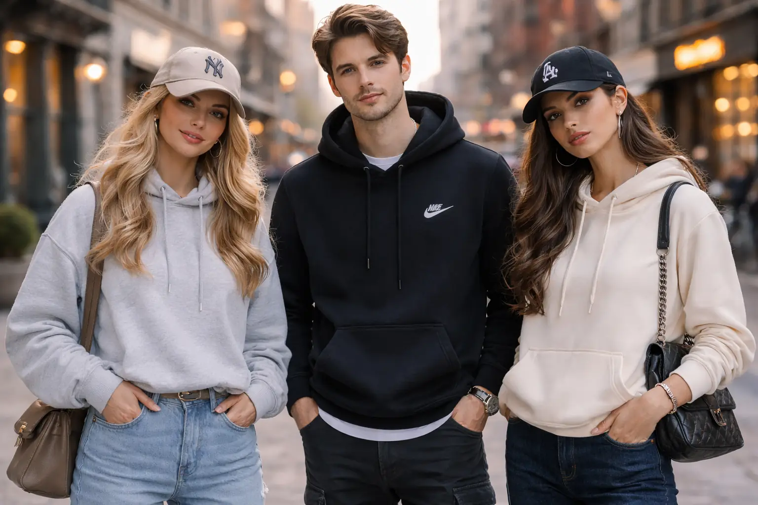Tenue streetwear moderne avec hoodies oversize, sneakers iconiques et casquettes, inspirée de la mode urbaine et de la culture hip-hop