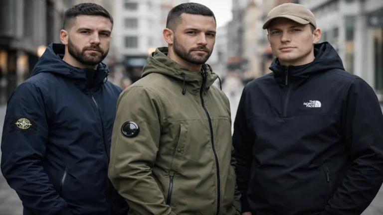 Trois hommes portant des vestes techniques au style ultra casual inspiré de la terrace culture, tenues sobres et urbaines dans un environnement citadin.