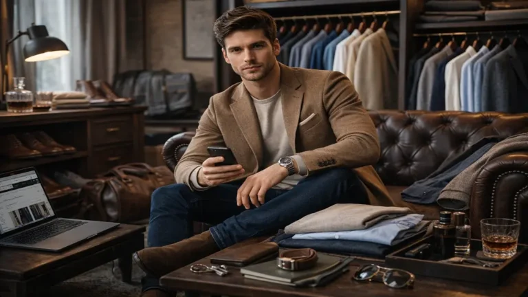 Homme élégant construisant son style vestimentaire avec des basiques masculins, vêtements soigneusement organisés et tenue casual chic dans un intérieur moderne