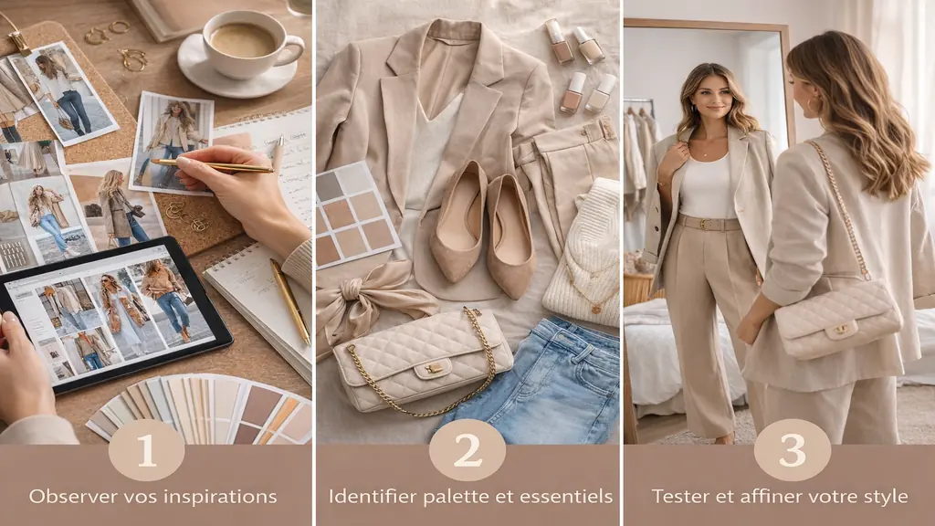Définir son style vestimentaire en trois étapes : inspirations mode, sélection des essentiels et test des tenues devant le miroir.