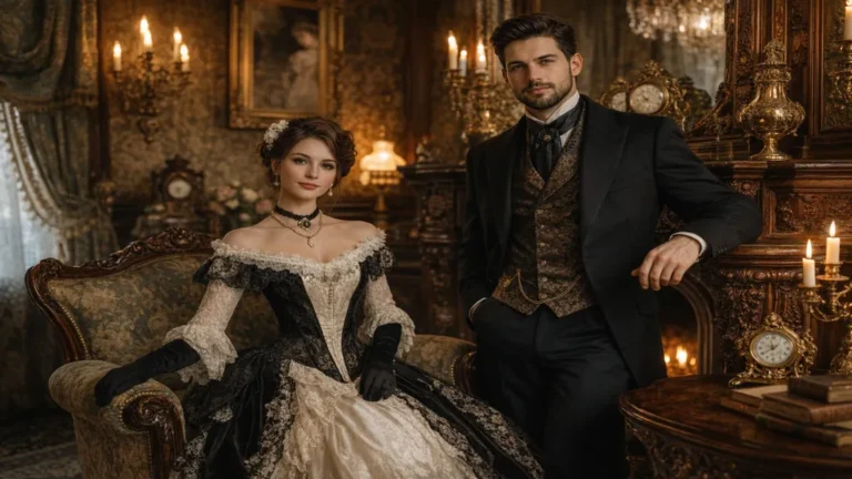 Couple en tenue victorienne élégante dans un intérieur richement décoré du XIXᵉ siècle, illustrant le style victorien avec corset, redingote, mobilier en bois sculpté et ambiance aristocratique.