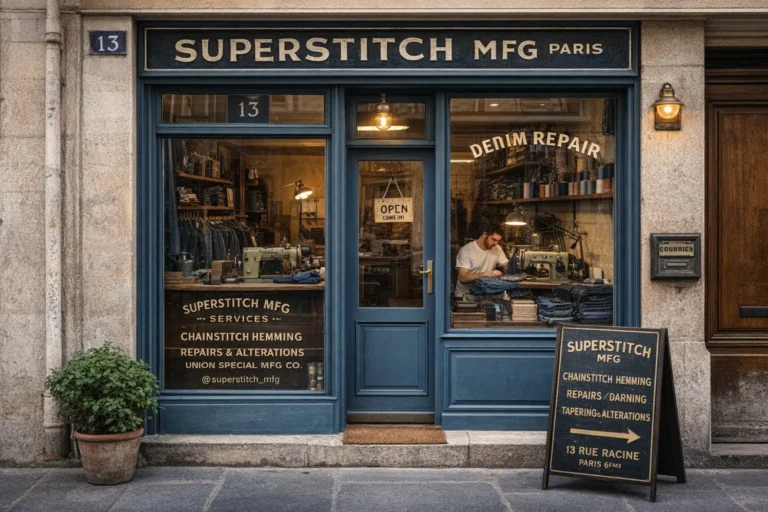 Façade de l’atelier Superstitch MFG à Paris, spécialisé en réparation de jeans, ourlet point de chaînette et retouches denim sur mesure rue Racine