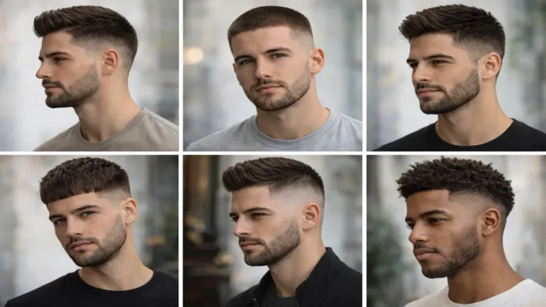 Exemples de coupes courtes homme tendance avec taper fade, buzz cut, crew cut et French crop, illustrant les styles modernes de coiffure masculine selon la morphologie du visage.