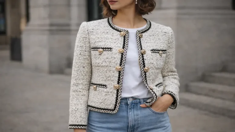 Veste style Chanel en tweed bouclé sans col, avec boutons bijou et galons tressés, portée en look casual chic avec t-shirt blanc et jean.