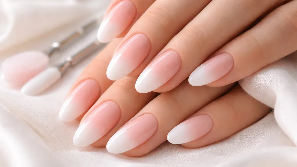 Manucure baby boomer sur ongles en amande avec dégradé nude rose vers blanc, finition brillante effet naturel