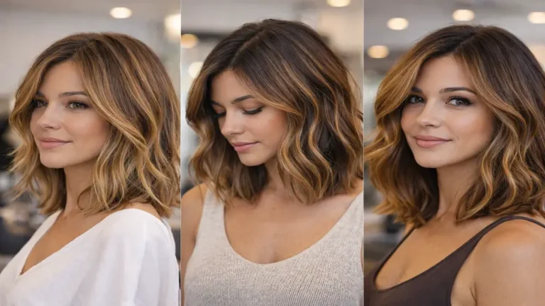 Balayage miel sur cheveux châtain avec reflets dorés naturels, mèches fines fondues sur demi-longueurs et pointes en salon lumineux.