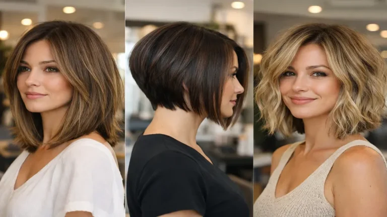 Carré dégradé moderne sur femme, coupe au carré avec mouvement naturel et volume, variantes lob, plongeant et wavy en salon lumineux.