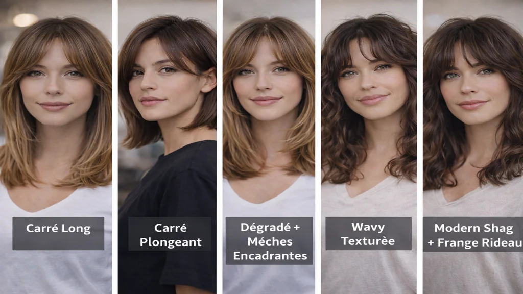 Coupes cheveux mi-longs femme avec lob, carré plongeant, dégradé léger, wavy texturé et modern shag naturel