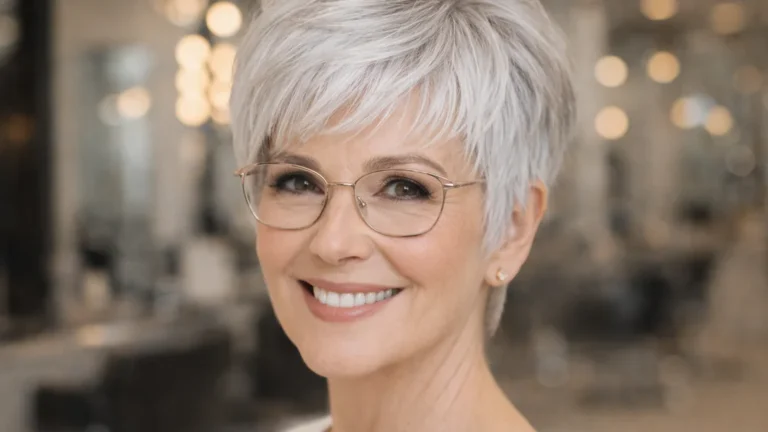 Portrait d’une femme d’environ 60 ans portant une coupe pixie courte et texturée sur cheveux gris argenté, avec lunettes fines, rendu réaliste lumineux
