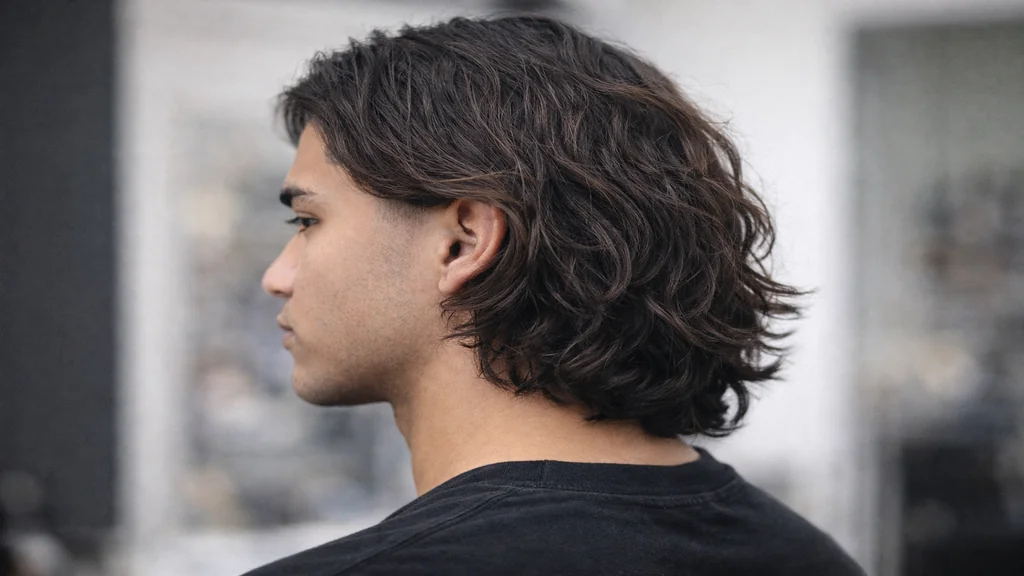Homme avec cheveux mi-longs coiffés naturellement, longueur aux épaules avec volume texturé et style moderne.