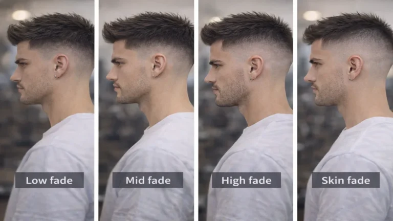 Comparatif coupe dégradé homme low fade, mid fade, high fade et skin fade en profil en barbershop