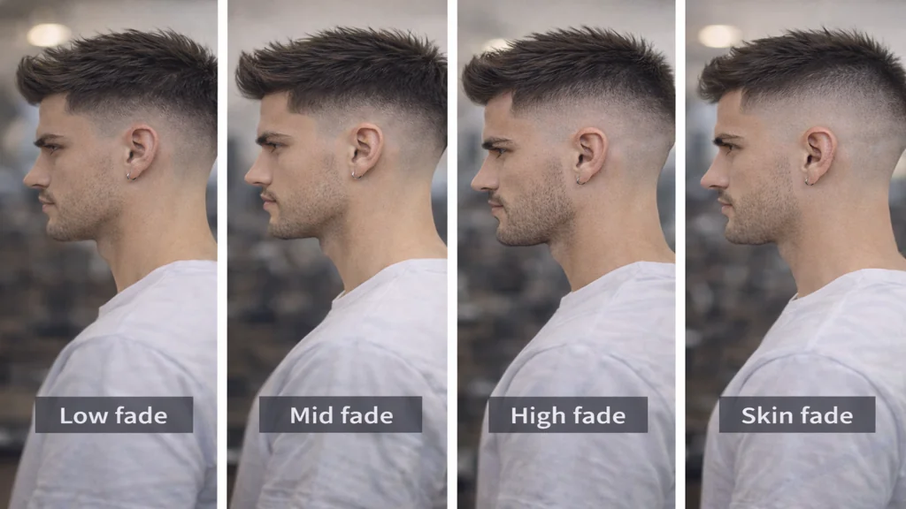 Comparatif coupe dégradé homme low fade, mid fade, high fade et skin fade en profil en barbershop