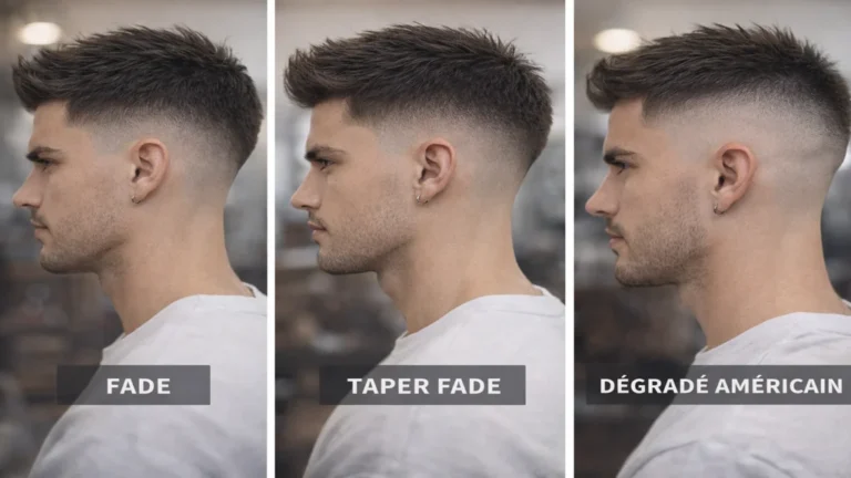 Comparaison coupe homme dégradé fade, taper fade et dégradé américain en profil en barbershop