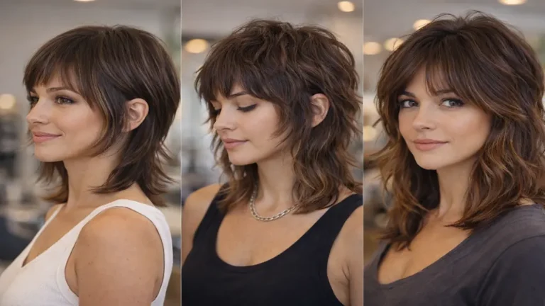 Coupe mulet femme moderne avec variantes soft mullet, shaggy mullet et wolf cut, dégradé texturé et volume en couronne en salon lumineux.