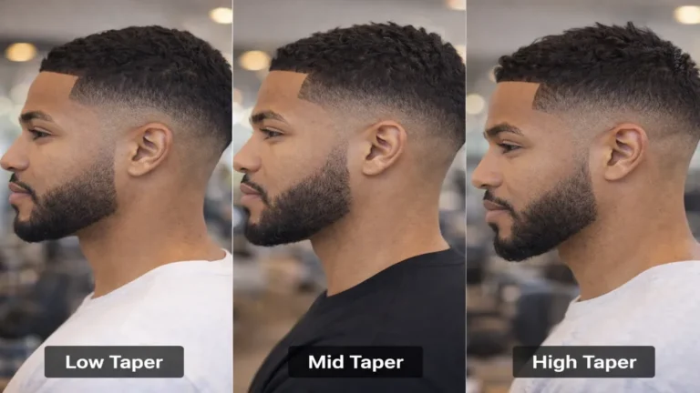 Coupe taper homme avec variantes low, mid et high taper, dégradé progressif naturel aux tempes et à la nuque en barbershop moderne.