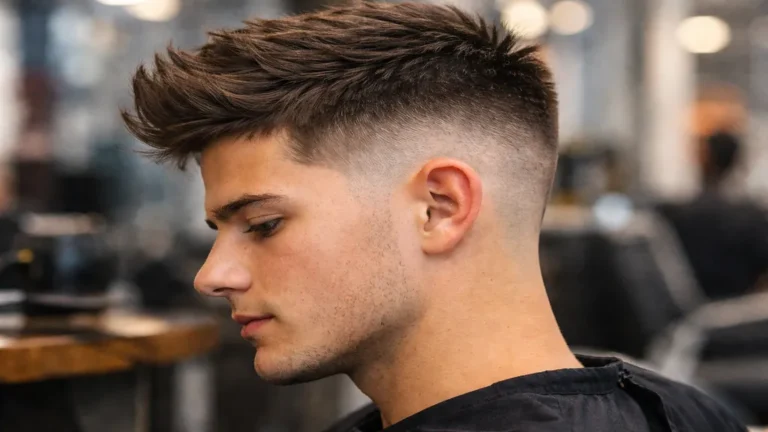 Dégradé américain high fade avec finition skin fade et dessus texturé en salon de coiffure