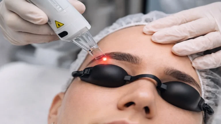 Séance de détatouage sourcils au laser picoseconde sur microblading en centre esthétique médicalisé