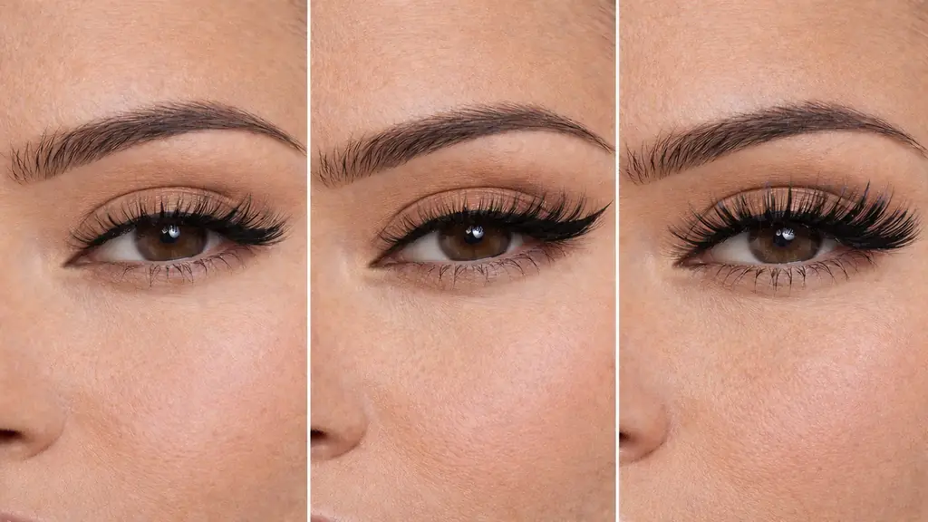 Différents styles de faux cils sur yeux marron, effet naturel, cat eye et volume dramatique en gros plan maquillage professionnel.