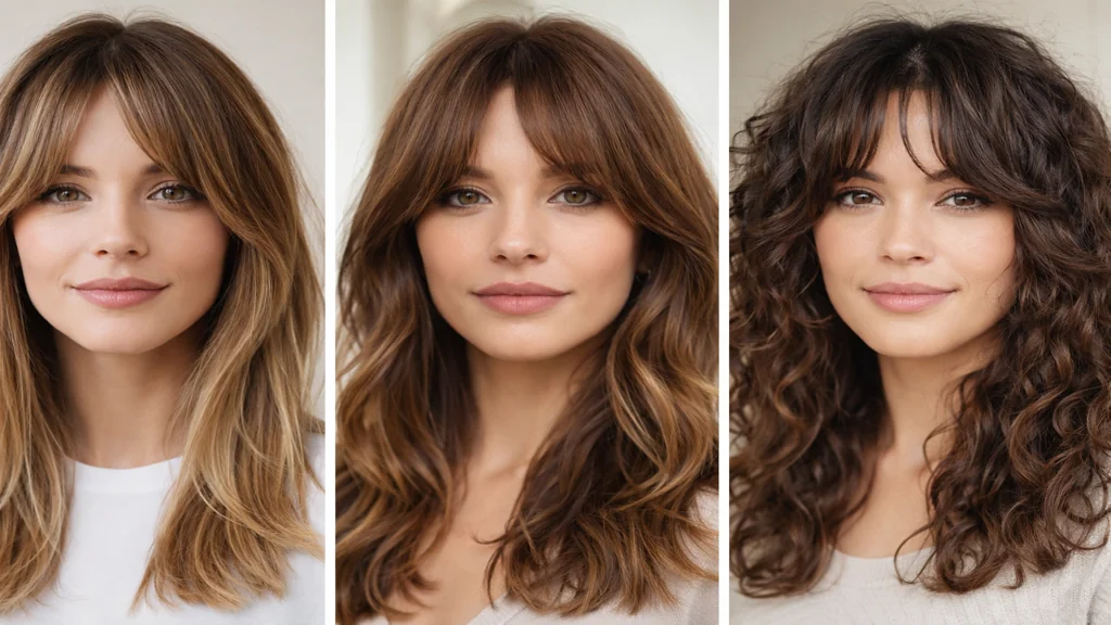 Frange rideau longue et effilée avec raie au milieu sur cheveux lisses, wavy et bouclés